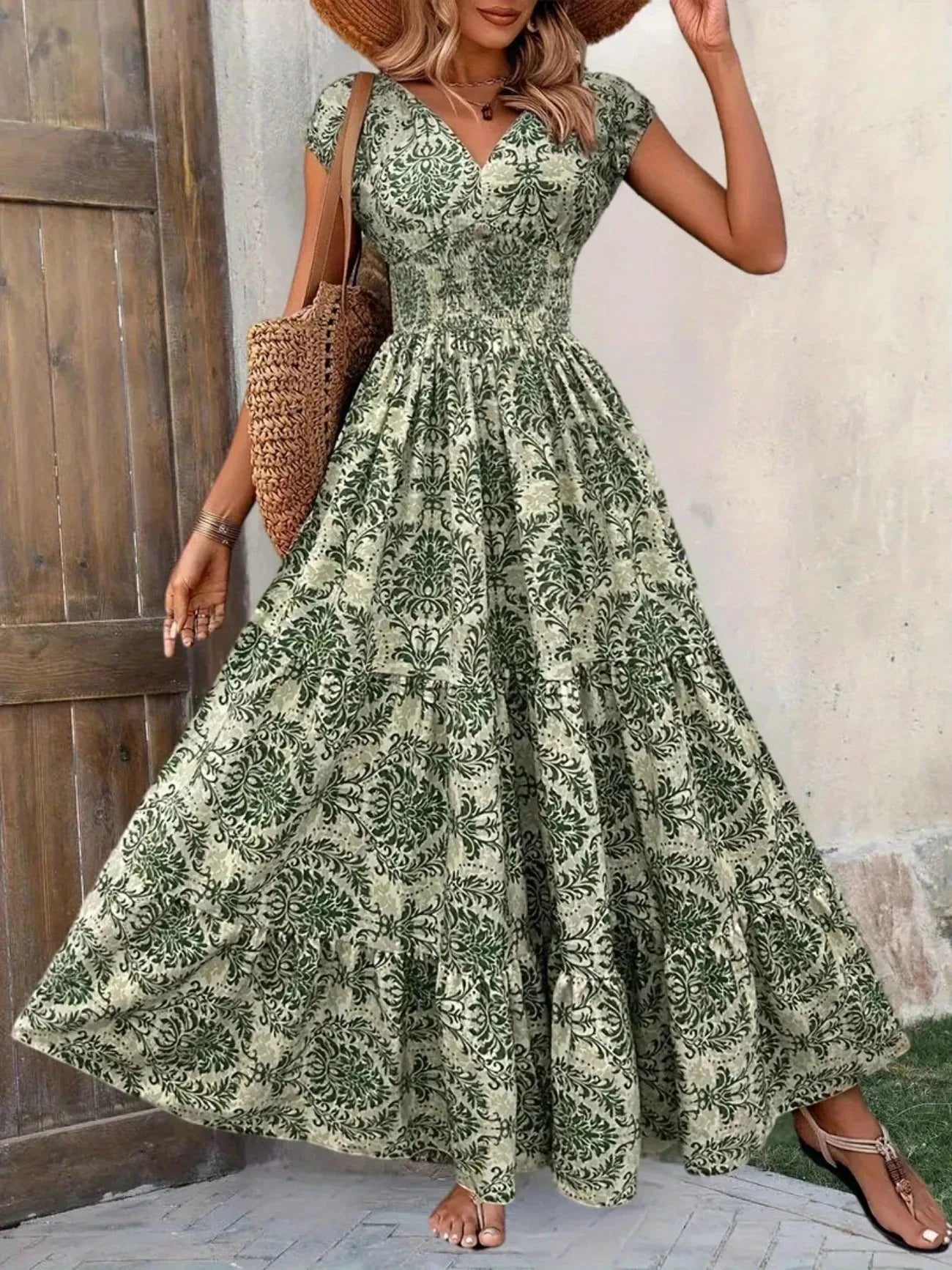 Women's Summer Retro Fashion Floral Printed Sexy V-neck Short Sleeve High Waist Medium Length Bohemian Loose Holidays Dresses