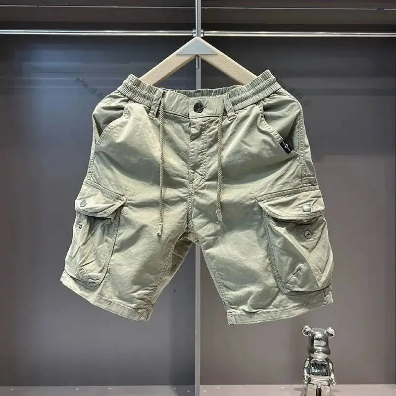Summer Men's Drawstring Elastic Waist Cargo Shorts Casual Multi-Pocket Loose Elastic Cotton Five-Point Mid-Length Short Pants