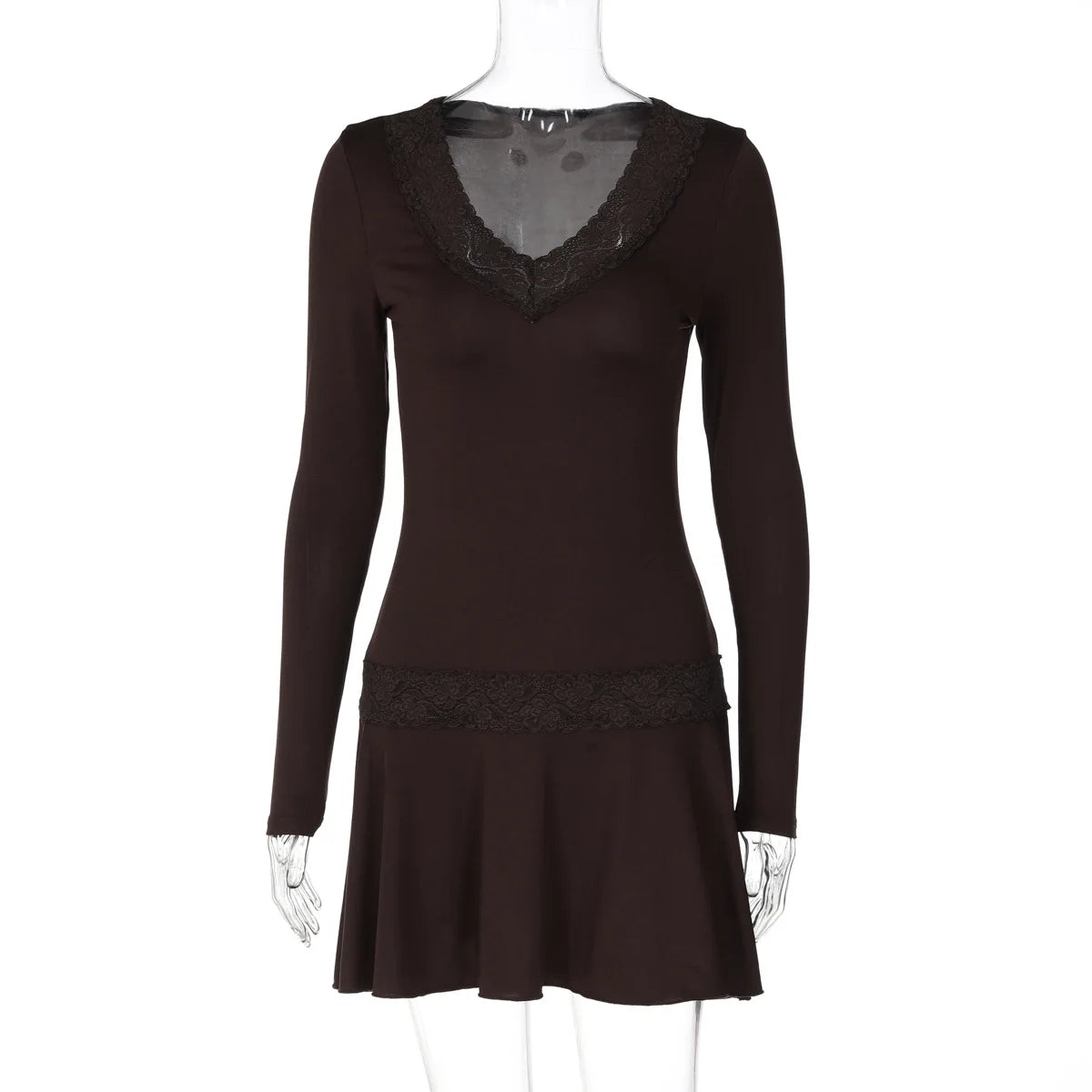 FDYOUI Casual Sexy V-neck Lace Patchwork Mini Dresses Women Long Sleeve Pleated Slim Holiday Dress Party Club Outfit Streetwear