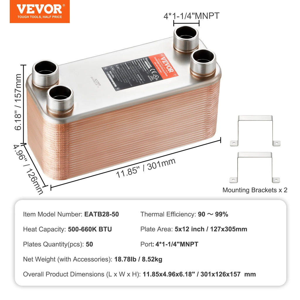 SucceBuy Heat Exchanger 5"x 12" 80 Plates Brazed Plate Stainless Steel For Floor Heating Water Heating Snow Melting Beer Cooling