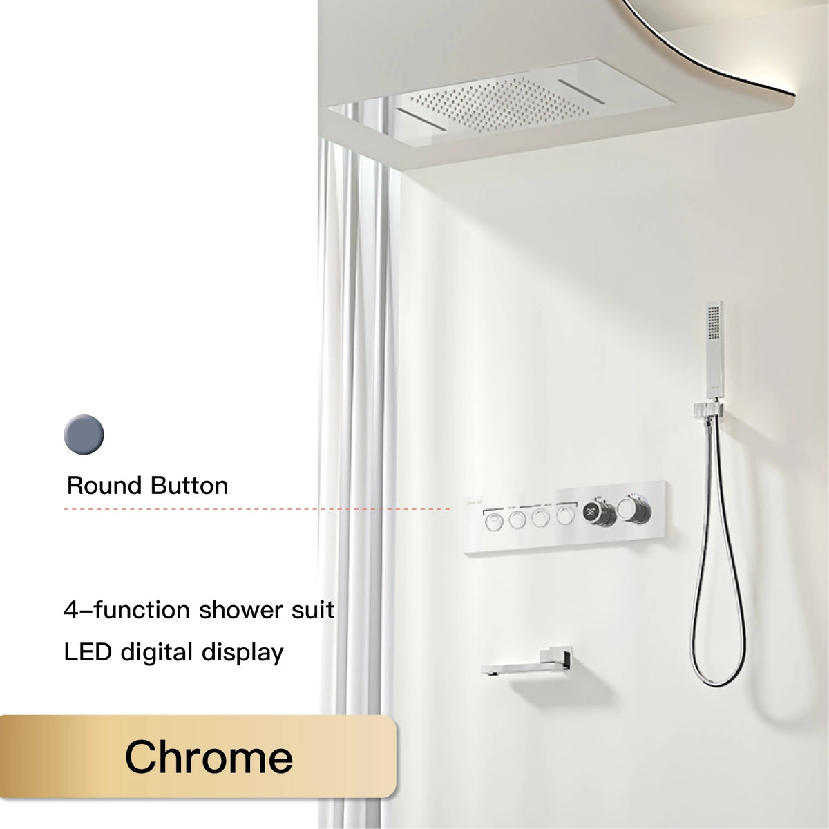 Luxury Black Brass Shower System, Wall Mounted Led Digital Display, Cold Hot Dual Control, Four Function Ceiling Shower Tap