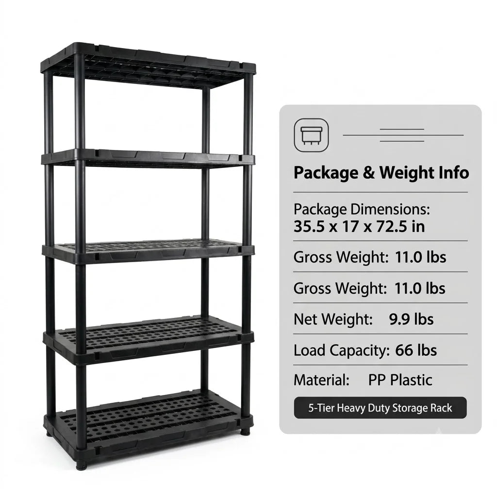 4 & 5 Tier Plastic Storage Shelving Unit, Heavy Duty Black PP Utility Rack, 3 Sizes Available Waterproof Organizer for Garage Kitchen Basement Laundry Pantry