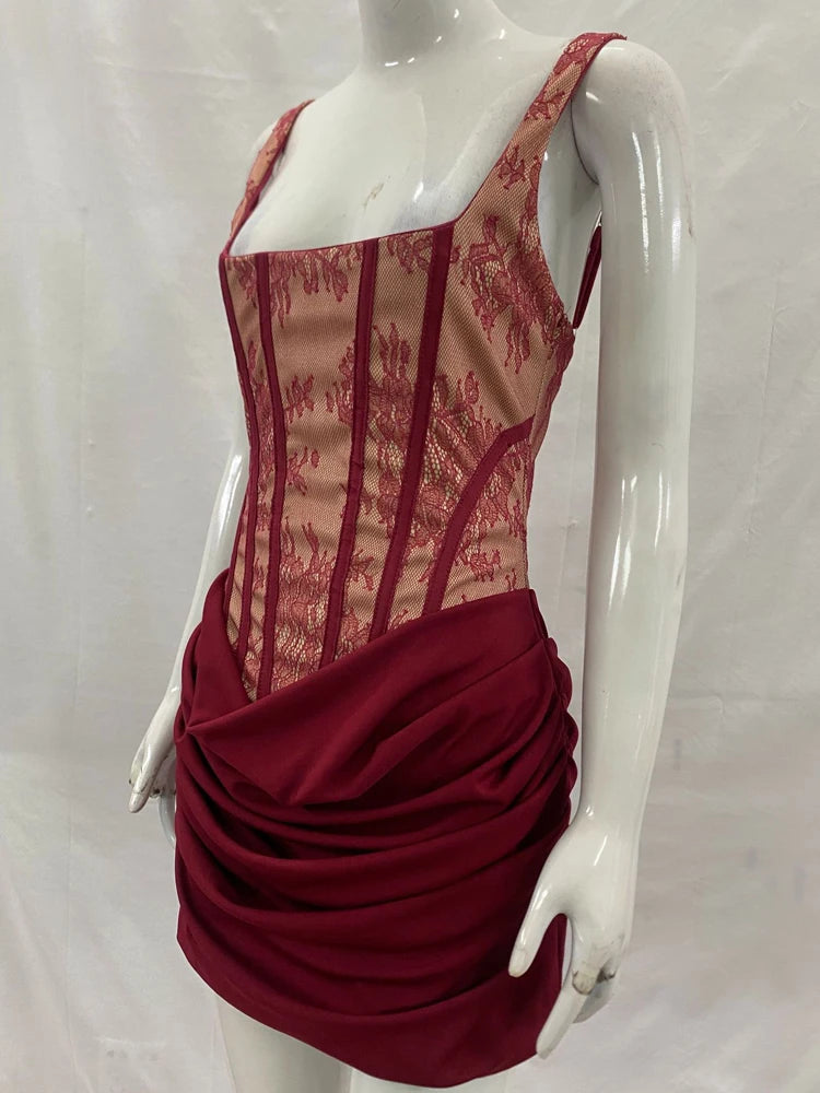 RLMABABY Sexy Lace Splice Ruched Women Mini Bodycon Dress Slim Square Collar Backless Corset Back Lace Up Club Party Short Dress