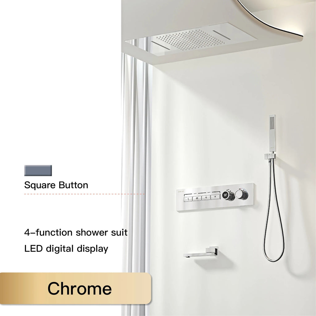 Luxury Black Brass Shower System, Wall Mounted Led Digital Display, Cold Hot Dual Control, Four Function Ceiling Shower Tap