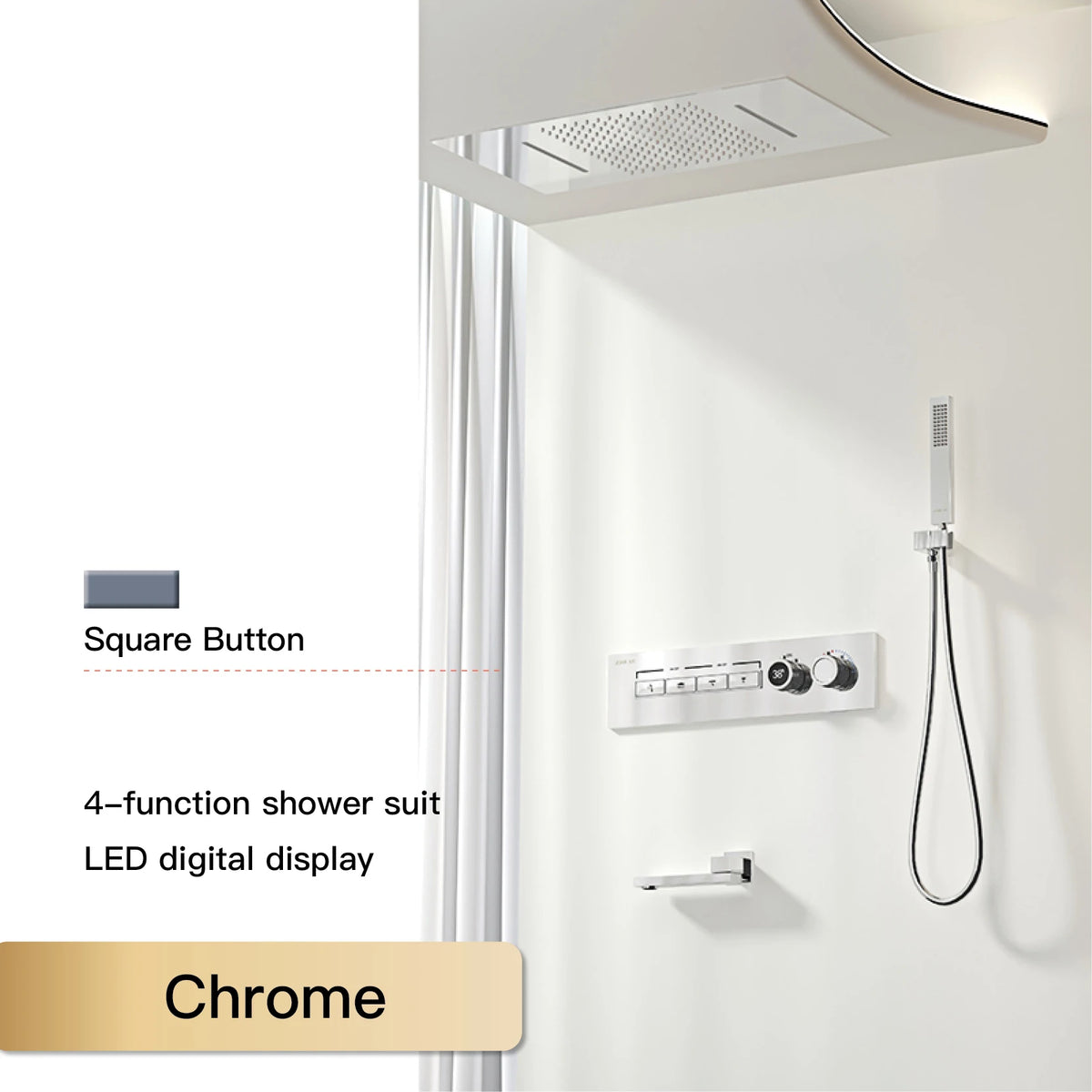 Luxury Black Brass Shower System, Wall Mounted Led Digital Display, Cold Hot Dual Control, Four Function Ceiling Shower Tap