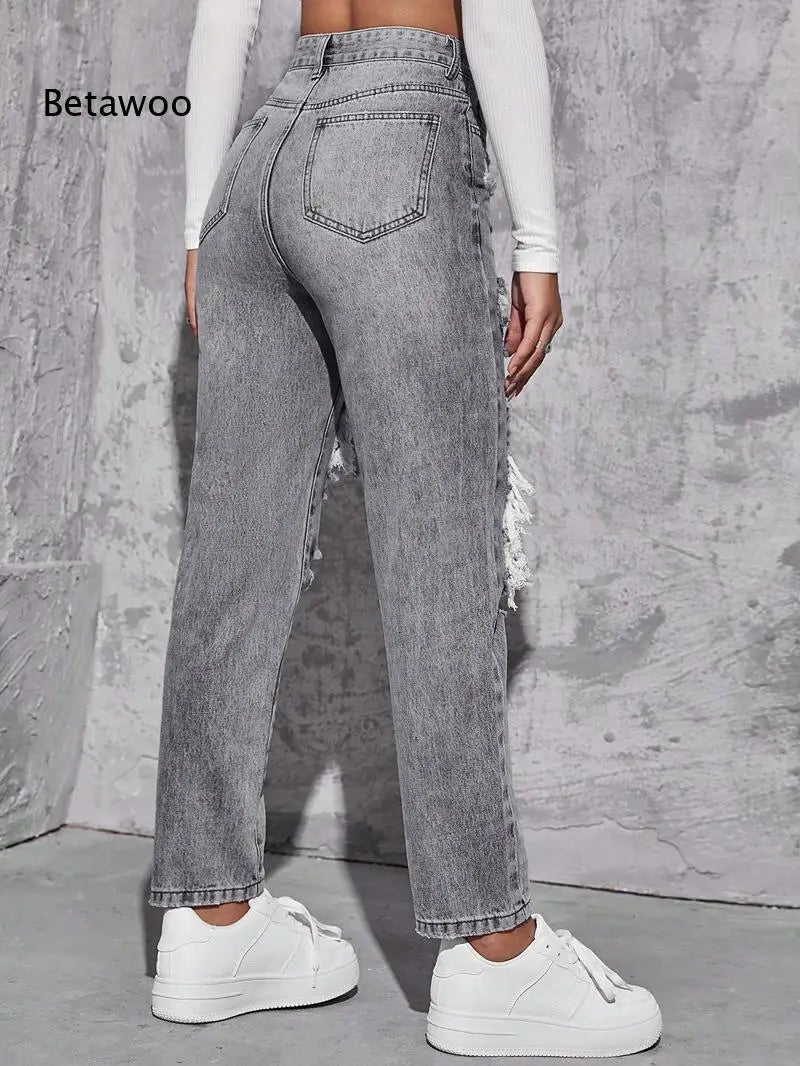 Women's High Waist Ripped Denim Jeans with Distressed Knee Holes and Straight Leg Fit for Casual Streetwear Fashion