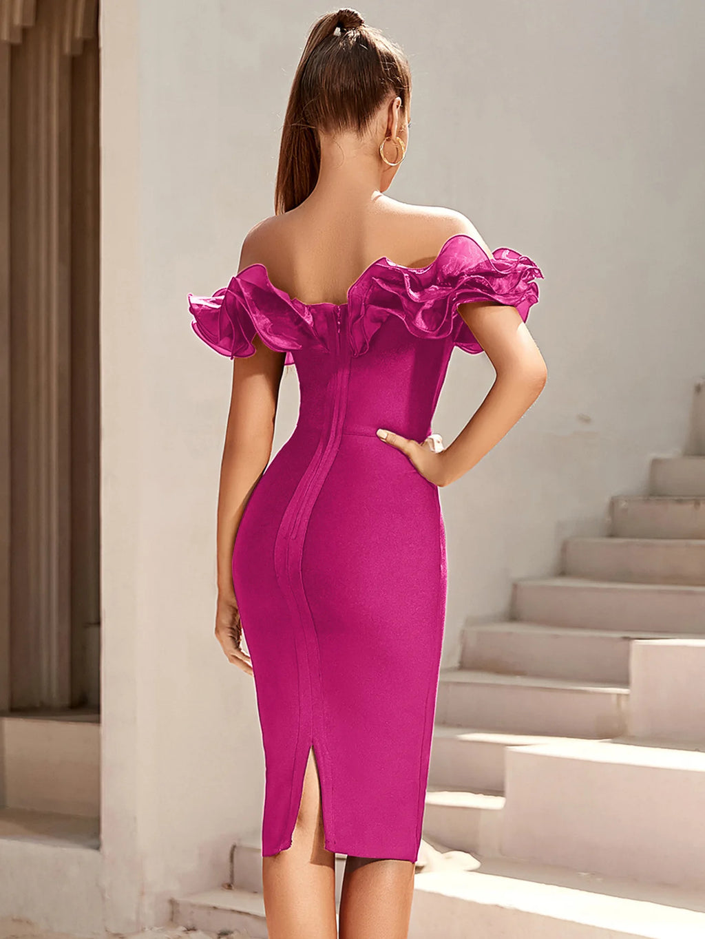 Women's Off Shoulder Bandage Midi Dress Luxury Design Ruffled  Elegant Black Sleeveless Ruffled Sexy Club Party Evening Dresses