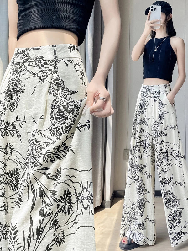 Summer Lazy Sle Wide Leg Pants Loose Floor-Length Ice Silk Women's High Waist Straight Tube Linen Cotton Blend Trousers