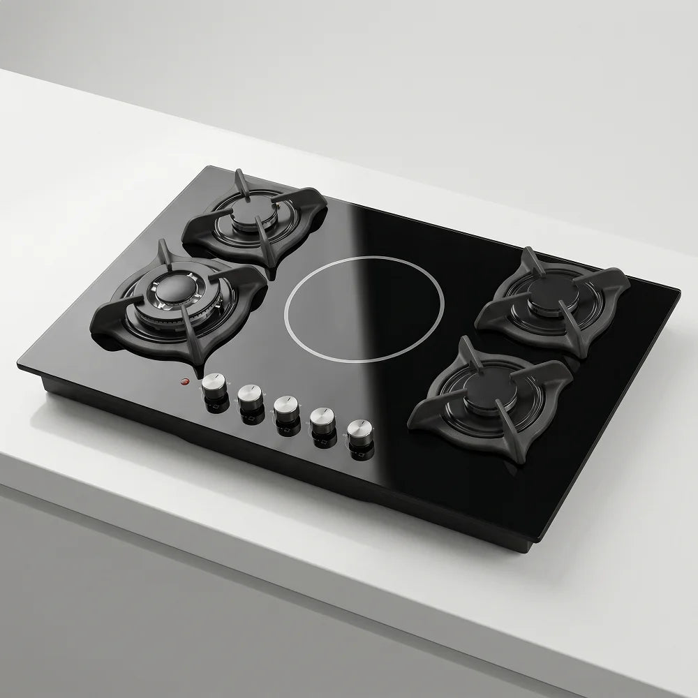Factory OEM/ODM Built-in 4 Gas & 1 Electric Burners Hob, Tempered Glass Cooktop with Flameout Protection