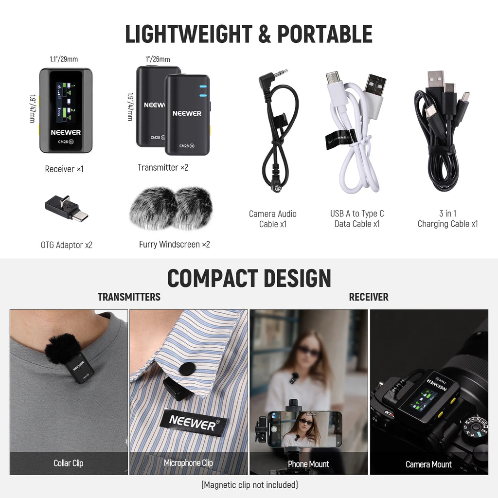NEEWER CM28 Wireless Lavalier Microphone, 1 Click Noise Canceling, 4GB Storage, Lapel Mic For IPhone/Android/PC/Camera/iPad
