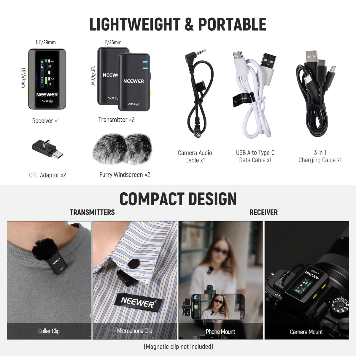 NEEWER CM28 Wireless Lavalier Microphone, 1 Click Noise Canceling, 4GB Storage, Lapel Mic For IPhone/Android/PC/Camera/iPad