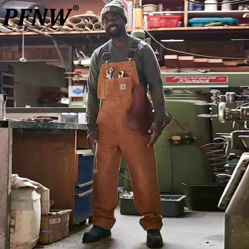 PFNW 2025 Trend Khaki Denim Overalls Men's Loose Casual Straight Oversized Cargo Jumpsuit Spring Tide Trousers Unisex 28W5639
