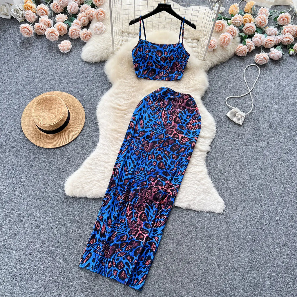 Retro Style Printed 2 Pieces Set for Women Fashion Summer Sleeveless Cropped Camis Top + Elastic Waist Bodycon Long Skirt Suits