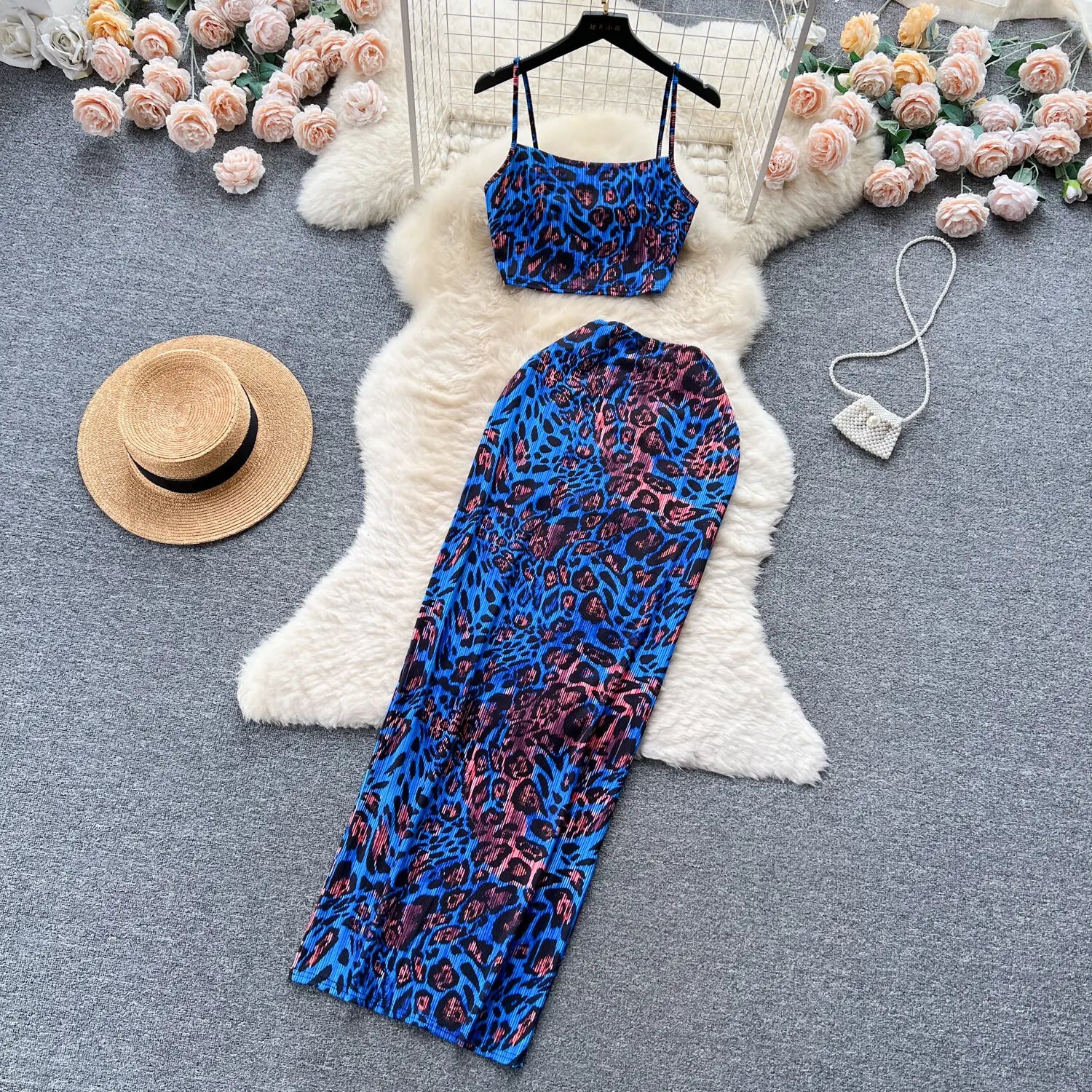 Retro Style Printed 2 Pieces Set for Women Fashion Summer Sleeveless Cropped Camis Top + Elastic Waist Bodycon Long Skirt Suits