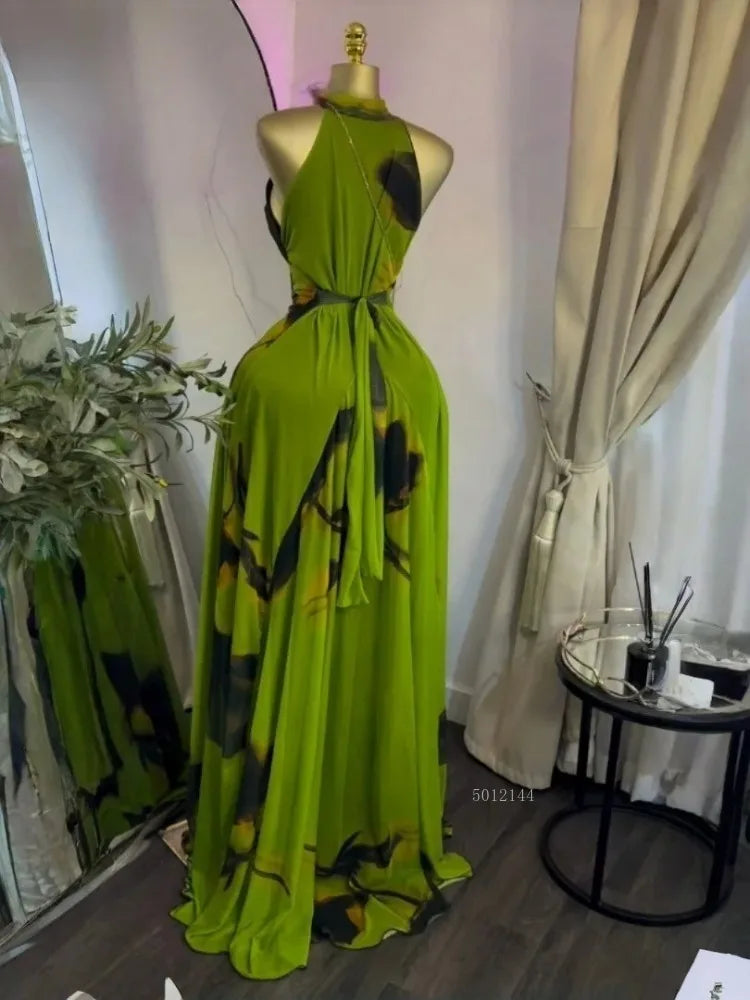 sexy Women Printed Sleeveless with Sashes Fit and Flare A-line Maxi Dress 2026 Streetwear Beach Holiday Long Dresses Vestido
