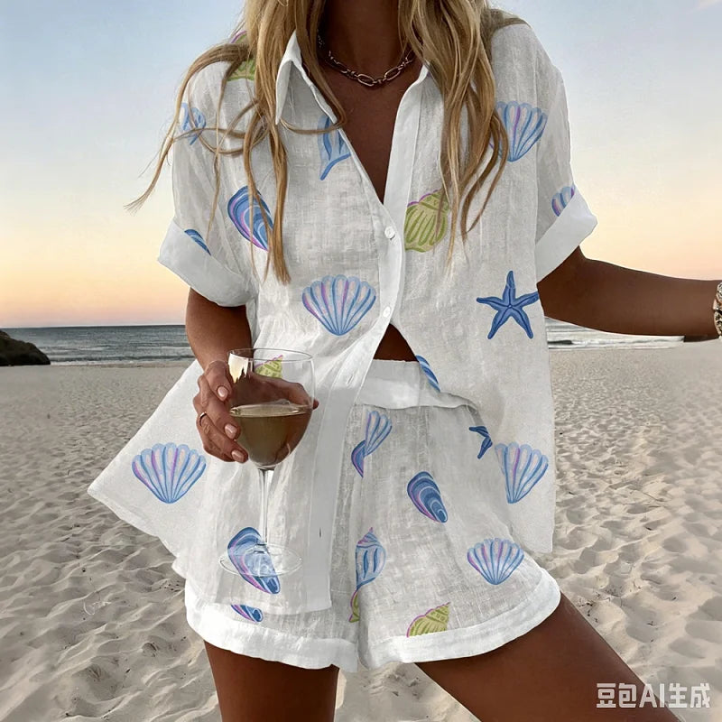 Holiday Summer Vacation Shorts Set 3D Printed Seaside Tropical Casual Lapel Shirt Blouse Top Shorts 2-Piece Suits Beach Clothes