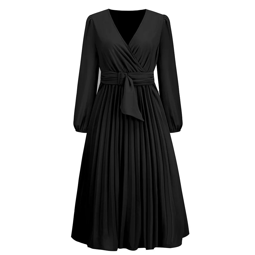Elegant Women's Green Chiffon Autumn/Winter Long Sleeve Slim Fit Pleated Dress Fashion Women's V-neck Belt Party Dresses S-2XL