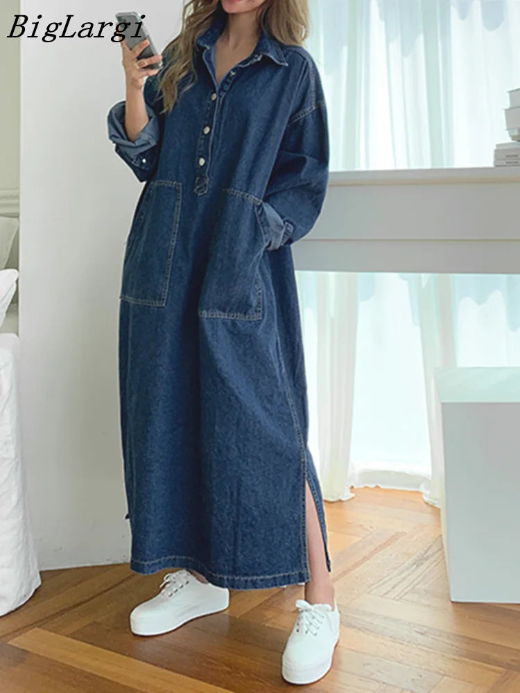 Korean Loose Drawstring Denim Dress Women Chic Split Women's Dresses Elegant Blue Pocket Dresses Korea
