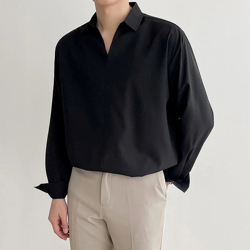 New Korean V Neck Men Shirts Luxury Casual Drooping Style Slim Solid Color Long Sleeve Pullover Blouse High Quality Autumn Tops
