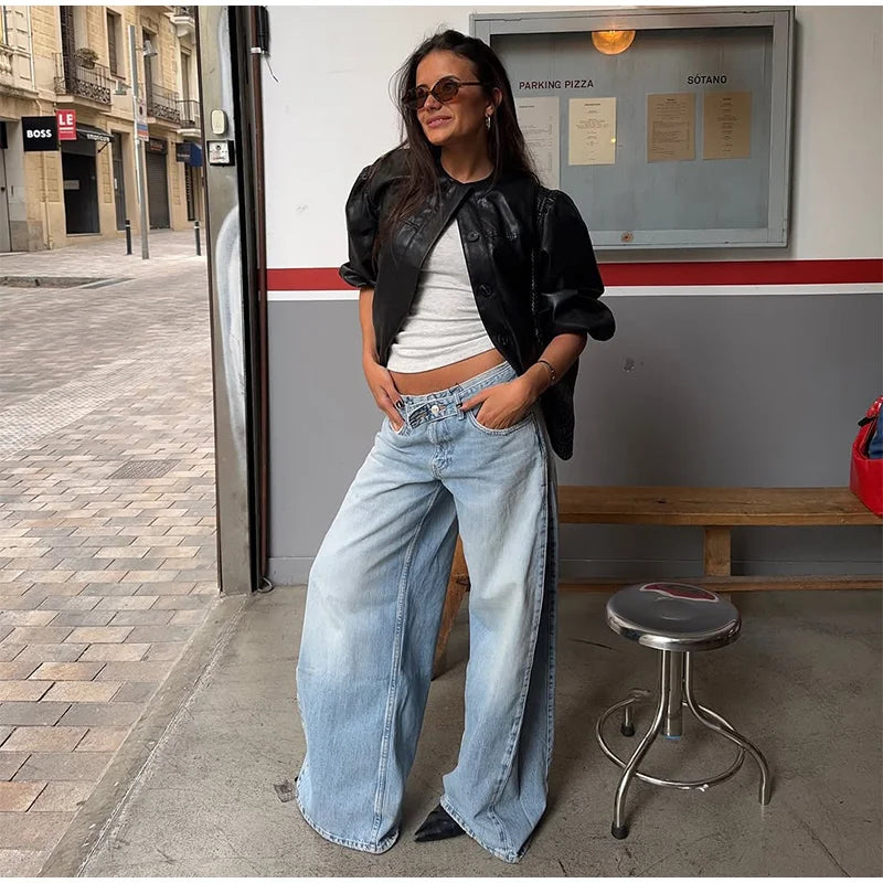 2026 Spring Low Waist Pleated Wide Leg Jeans Light Wash Raw Edge Double Waistband Casual Women Pants Trendy Y2K Lady Trousers