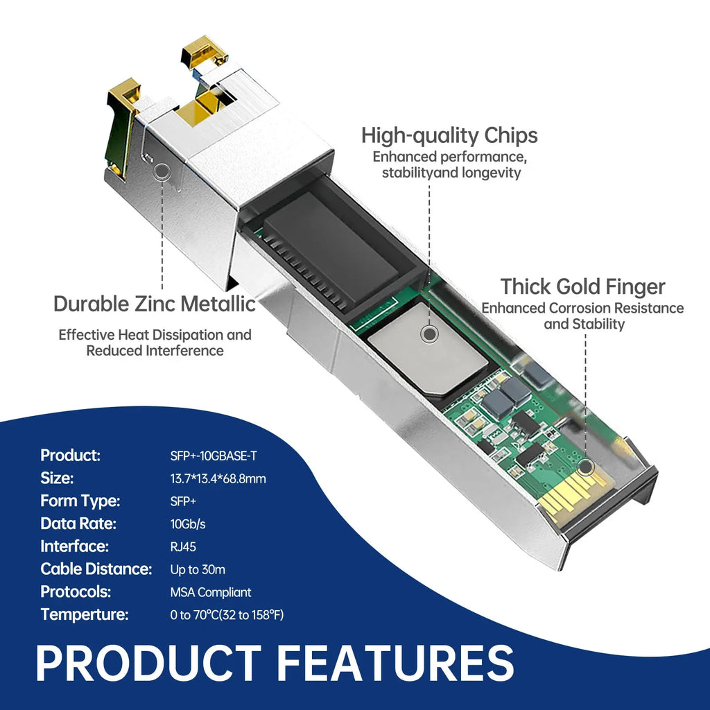 1.25G/2.5G/10G GBASE-T SFP+ Copper Module to RJ45, CAT6a-Auto-Negotiation Ethernet Module SFP+ Copper Cable Adapter-1PCS