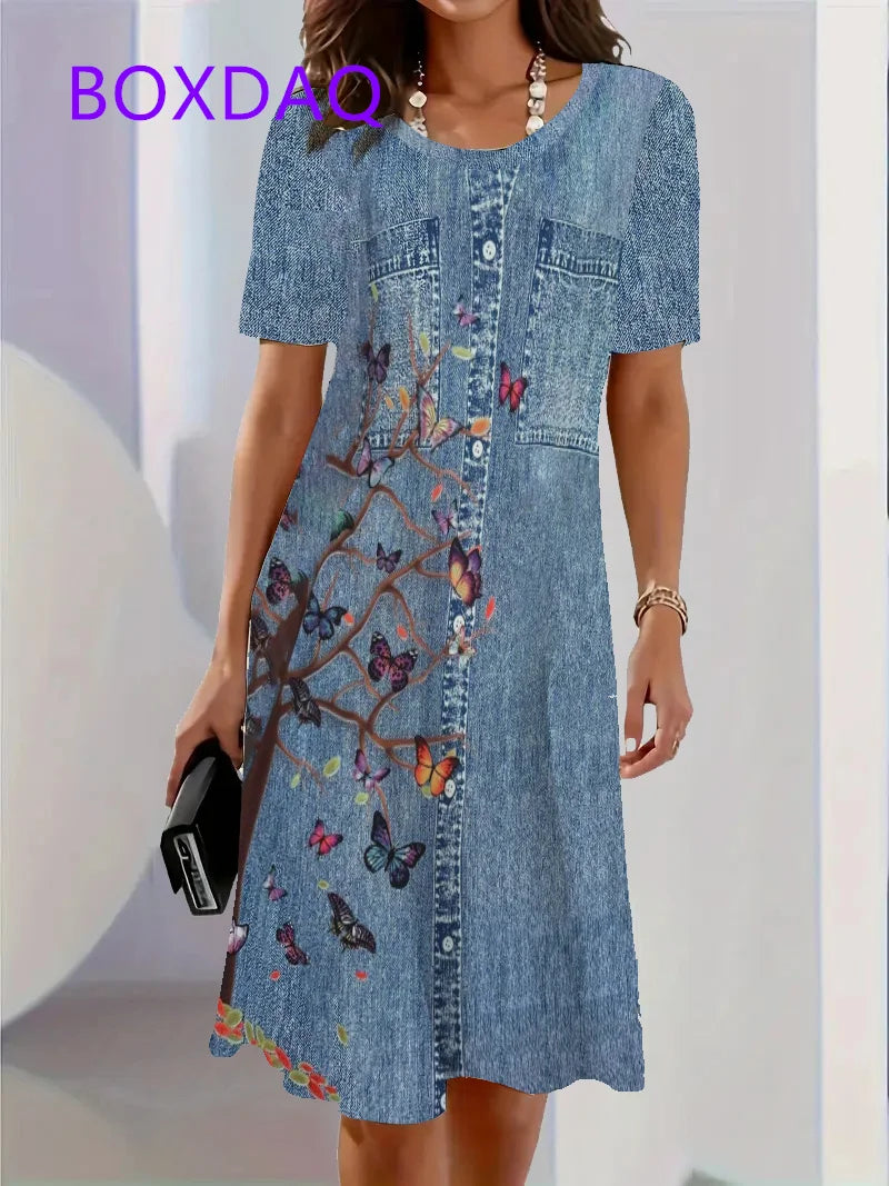 Fashion Trend 3D Imitation Denim Pattern Women's Dress New Summer Street Denim Flower Print Short Sleeve Loose Casual Mini Dress