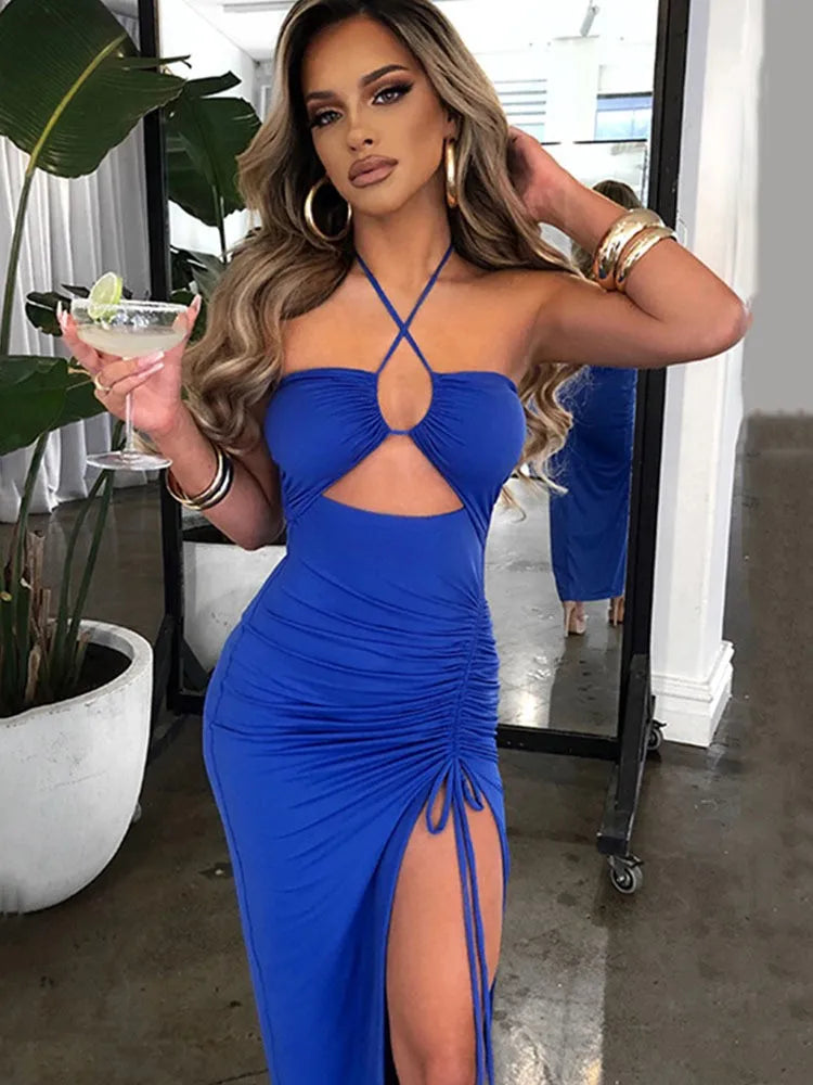 Summer Woman Dress Halter Neck Sleeveless High Waist Slit Maxi Dress Ruched Side Backless Elegant Party Evening Black for