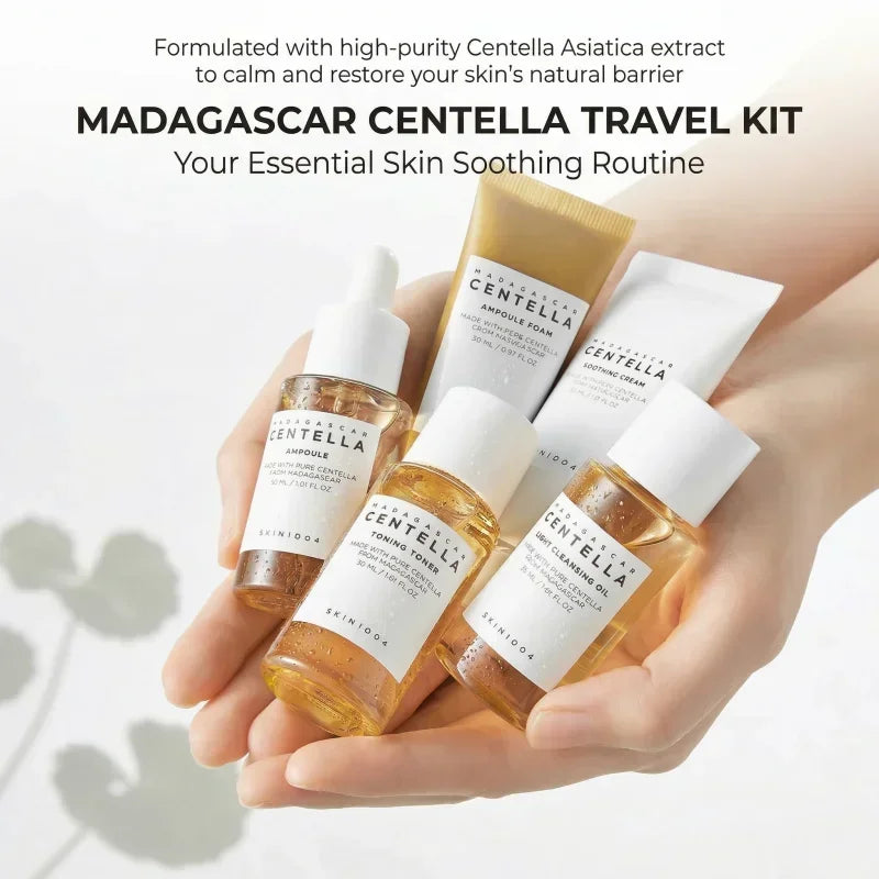 Korean Centella Travel Kit,Toner, Ampoule,Soothing Cream,Ampoule Foam,Cleansing Oil Daily Skincare Mini 5pcs Trial Kit Box Gifts