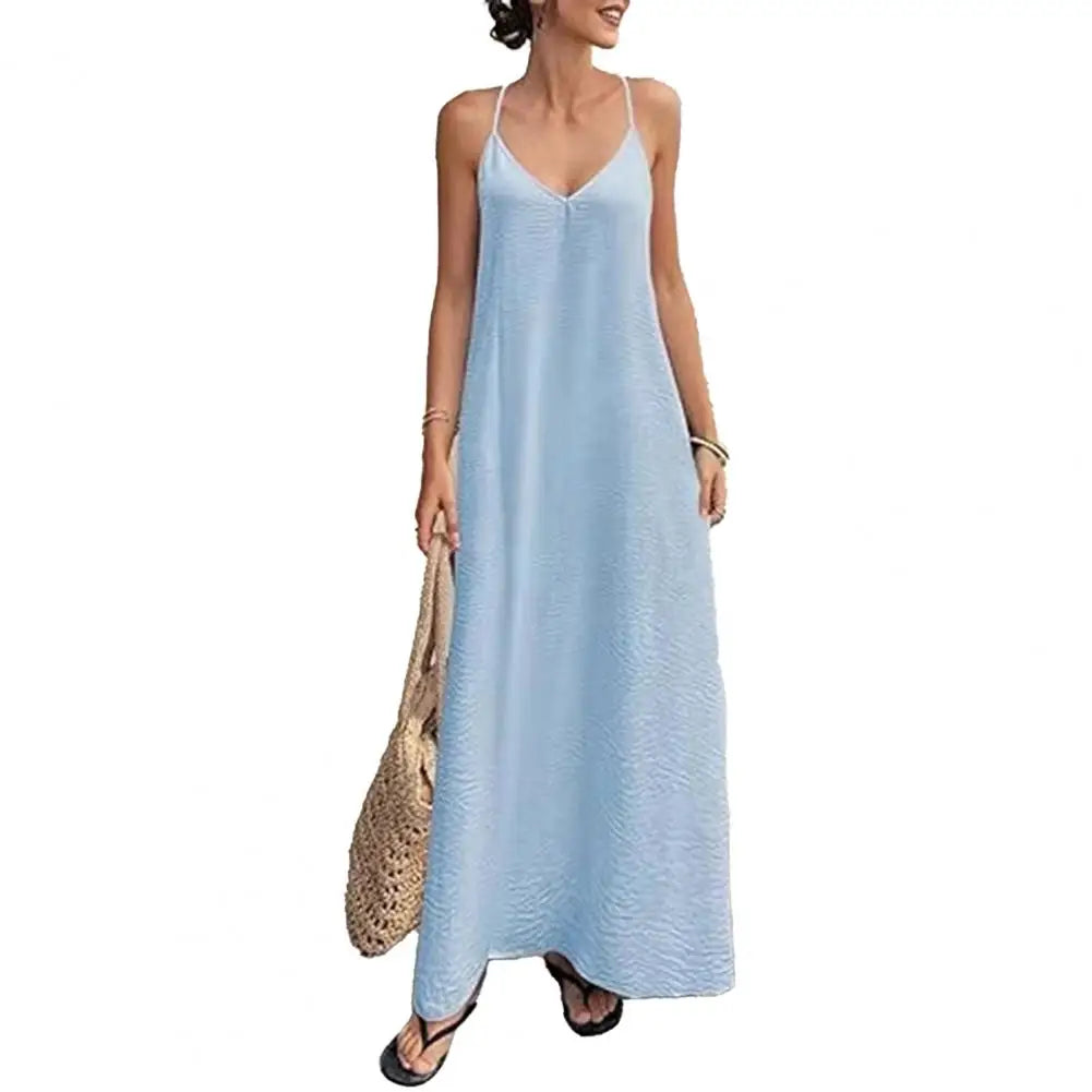 Women Summer Sexy Backless Dress Halter V Neck Sleeveless Loose Maxi Sundress Beach Vacation Long Dress