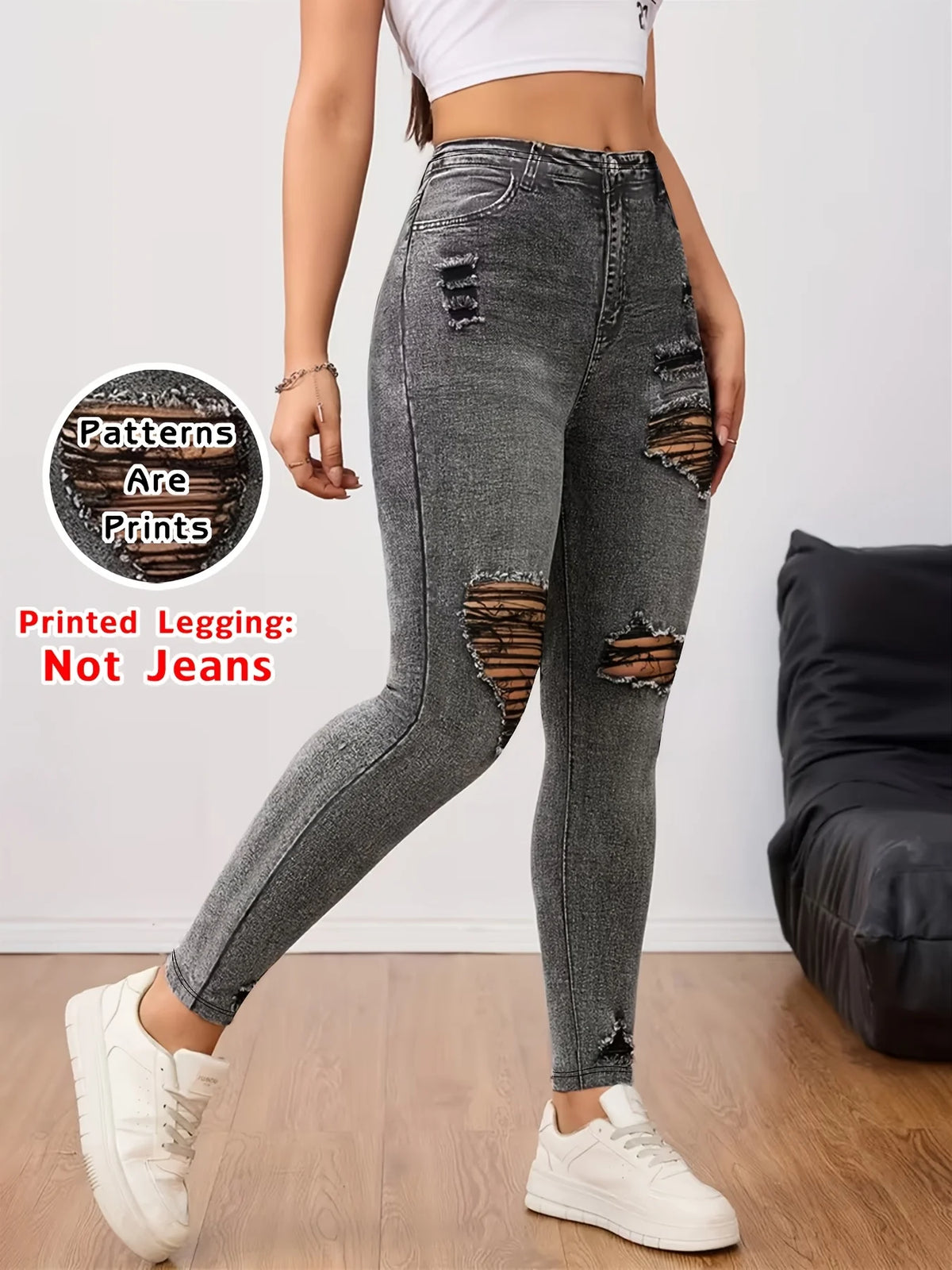 【Non-Denim】Women's Faux Denim Print Leggings, Sports Casual Skinny Pants, Thin Soft Skin-Friendly Yoga Pants, All Seasons Wear L