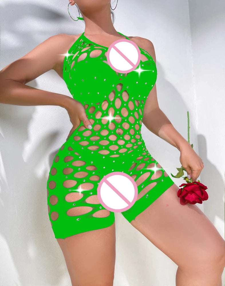 Sexy Designer Stripper Outfits Hollow-Out Rhinestone Halter Romper Women Playsuit Dancewear Ballrooms Performance Wear Jumpsuit