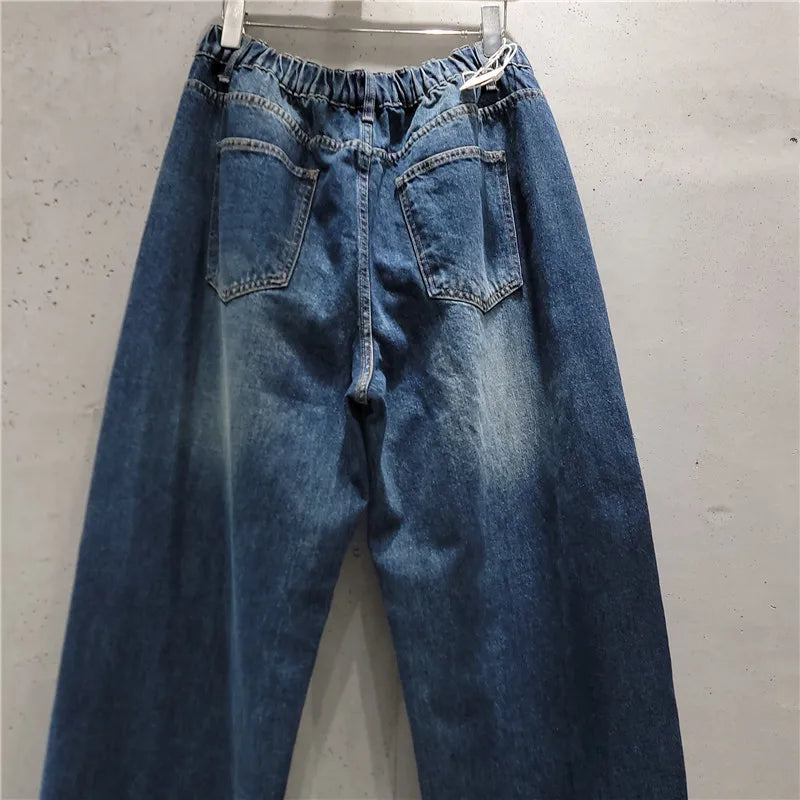 Women Irregular Crossover Waist Wide Leg Jeans Women's 2026 Autumn New Wide Legs Pants Vintage Washed Casual Denim Trousers
