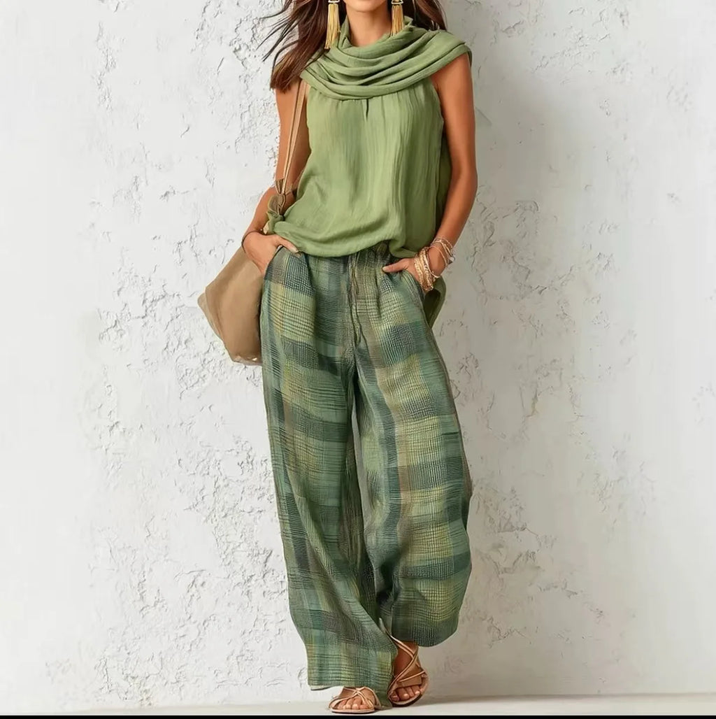 Women’s Casual Pants Set Sleeveless Draped Neck Top and High Waist Plaid Wide Leg Trousers 2 Piece Suit for Office Vacation Club