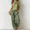 Women’s Casual Pants Set Sleeveless Draped Neck Top and High Waist Plaid Wide Leg Trousers 2 Piece Suit for Office Vacation Club
