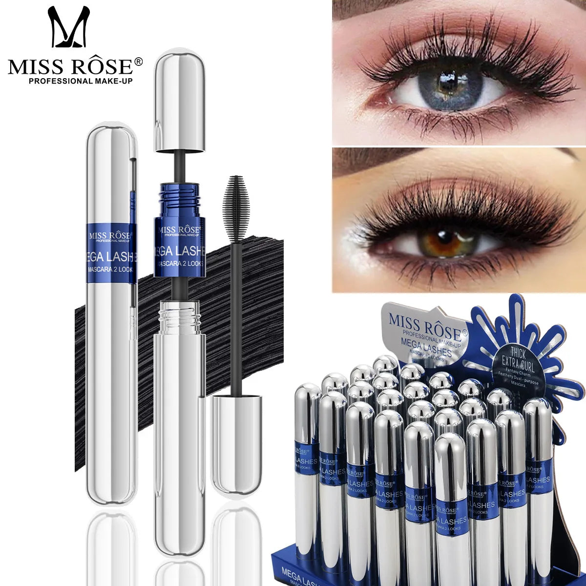 MISS ROSE Black Mascara Set, Big Brush Head Volumizing Lengthening Curling Mascara,Waterproof Eyelash Primer Eye Makeup Cosmetic