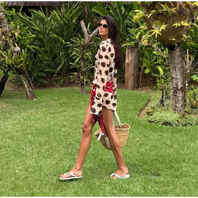 Sexy Printed Shirt-style Women's Dress Full Sleeve Turn-down Collar Button Detachable Scarf Dresses 2026 Summer Chic Female Robe