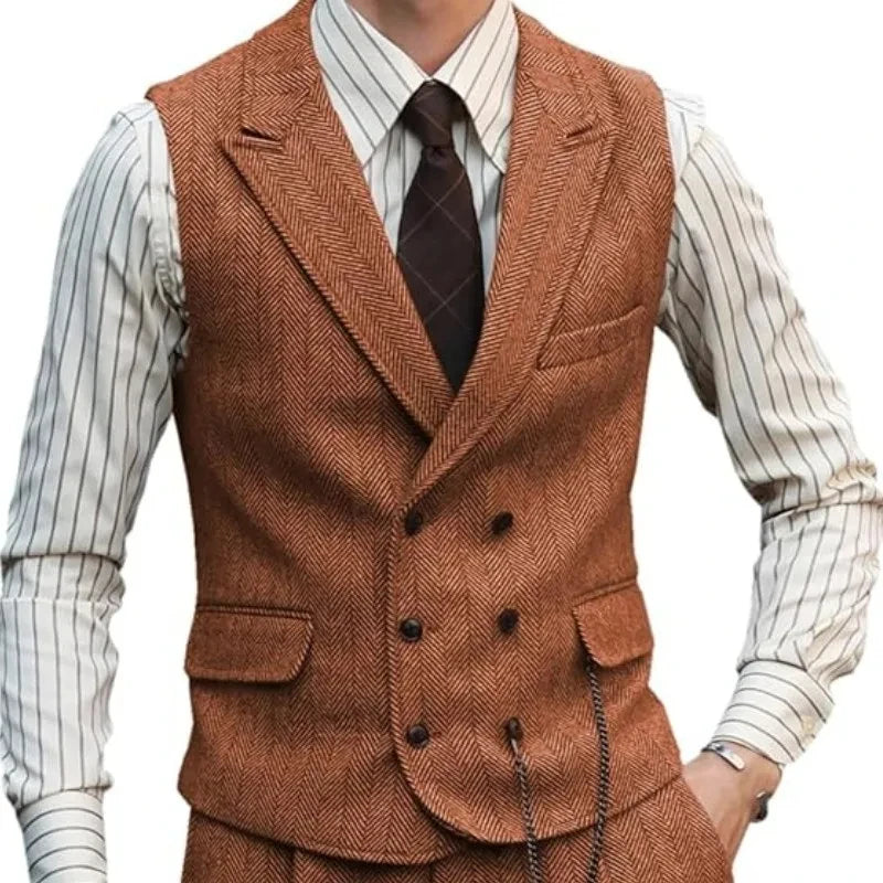Men Vest Brown Suede Leather Gentleman Business Waistcoat Vintage Regular Slim Autumn Winter Banquet Men's Suit Vest