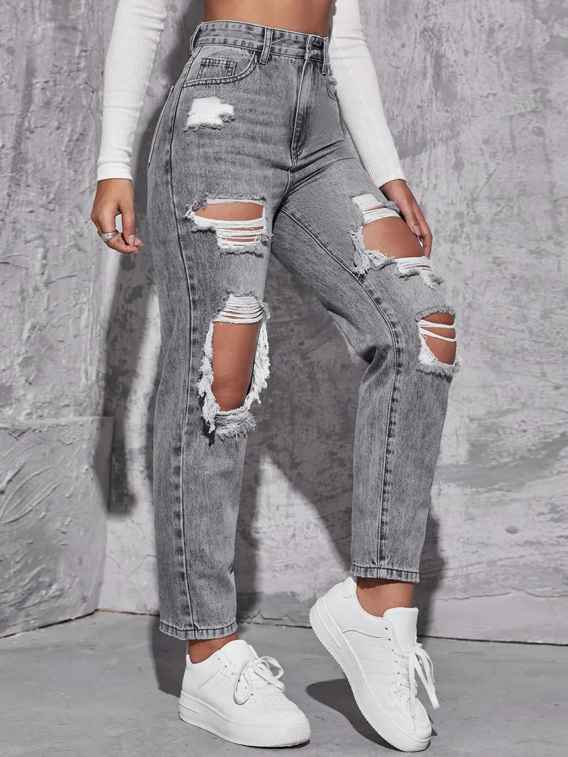 Women's High Waist Ripped Denim Jeans with Distressed Knee Holes and Straight Leg Fit for Casual Streetwear Fashion