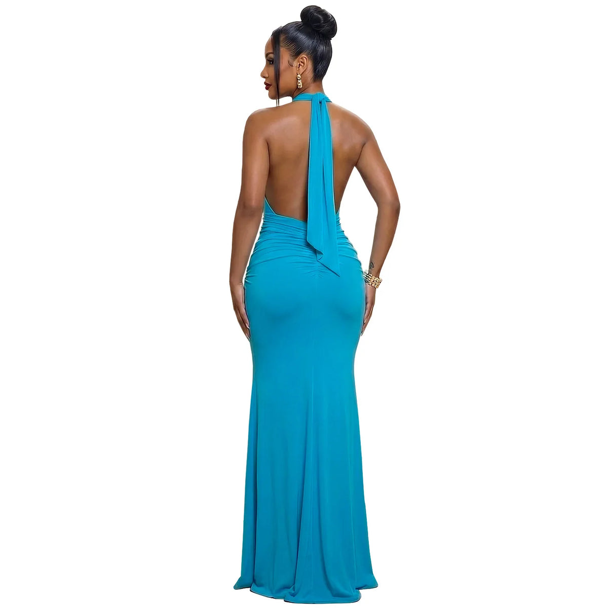 EINY Sexy Women White Halter Maxi Dress Elegant Backless Ruched Bodycon Long Gown Party Club Night Birthday Mermaid Dresses Y2K