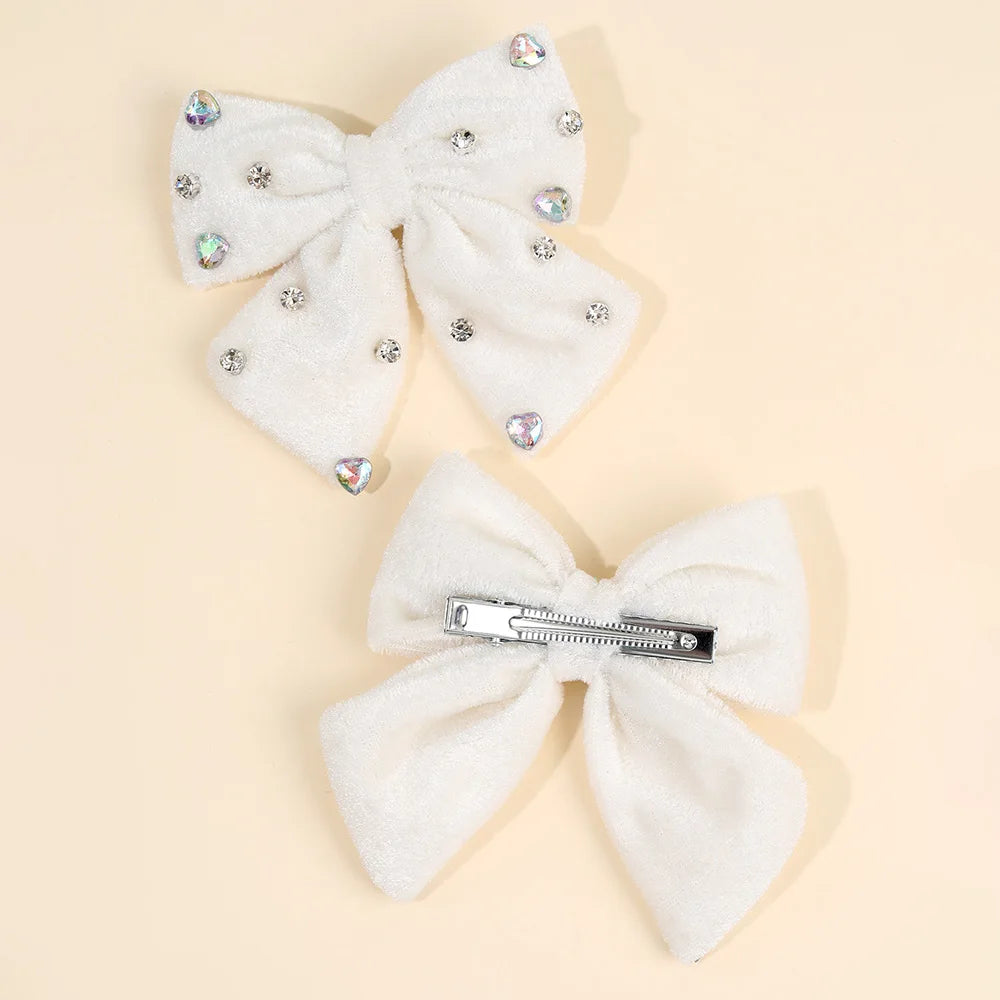 2Pcs Girls Velvet Bow Hair Clips Elegant Heart Shape Rhinestones Hairpins Vintage Burgundy Barrette Fall/Winter Hair Accessories