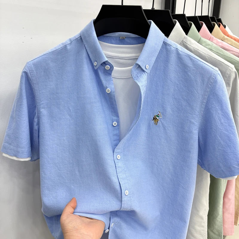 Short Sleeved Shirt Men's Summer New Item Pure Cotton High-end Brand Little Horse Logo Embroidered Casual Shirt