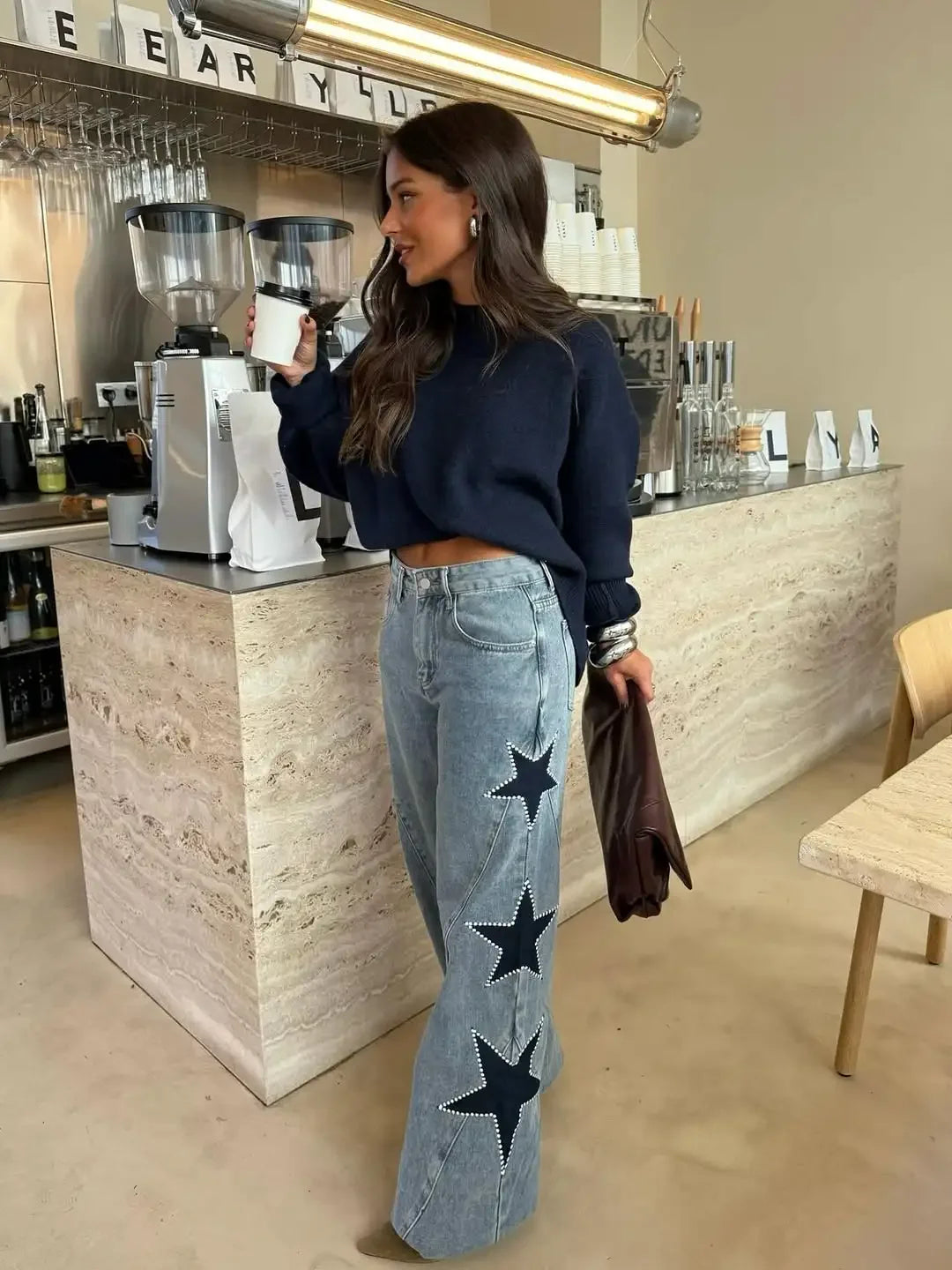 Women Blue Wide Leg Jeans Lady High Waist Star Patchwork Denim Pants Loose Fit Straight Leg Trousers 2026 New Casual Street Wear