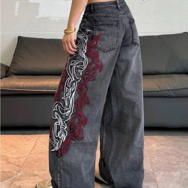 Summer Vintage Dark Grey Fade Women High Waist Wide Leg Jeans Side Red White Abstract Embroidery Euro Street Denim Casual Pants