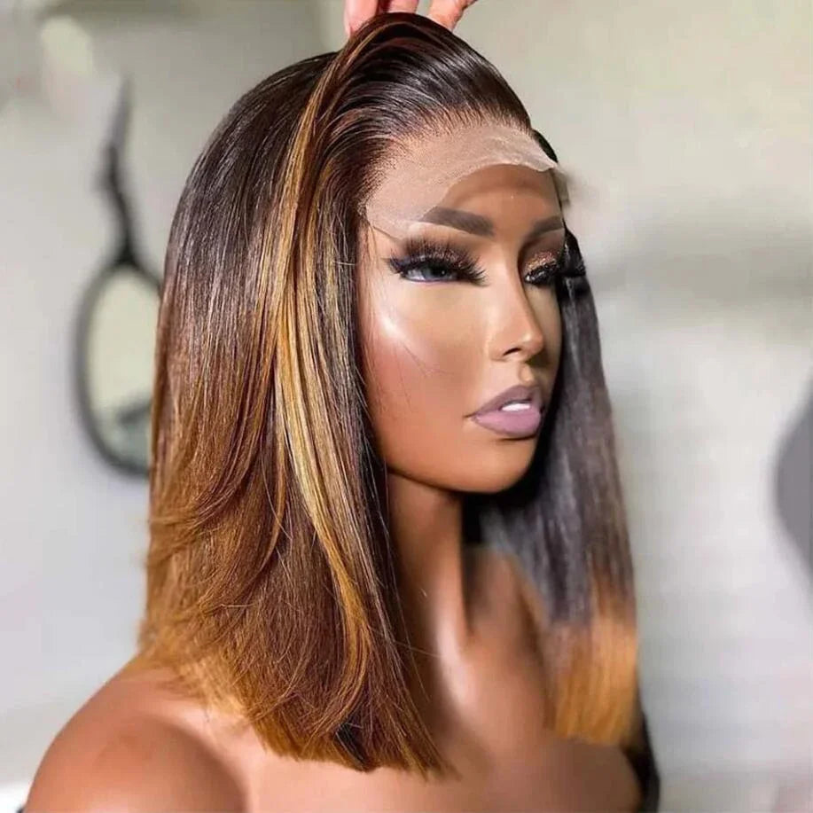 Ombre Brown Short Bob 180% Density Straight Synthetic Lace Front Wig For Women With BabyHair Preplucked Glueless