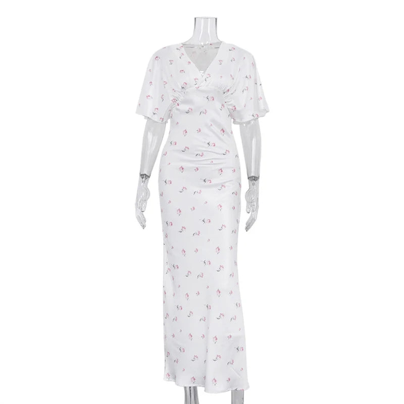 Organza Floral Printed Maxi Dress Women V Neck High Split Puff Sleeve Waist Cinching Ruffle Long Dresses Vacation Summer Outfits