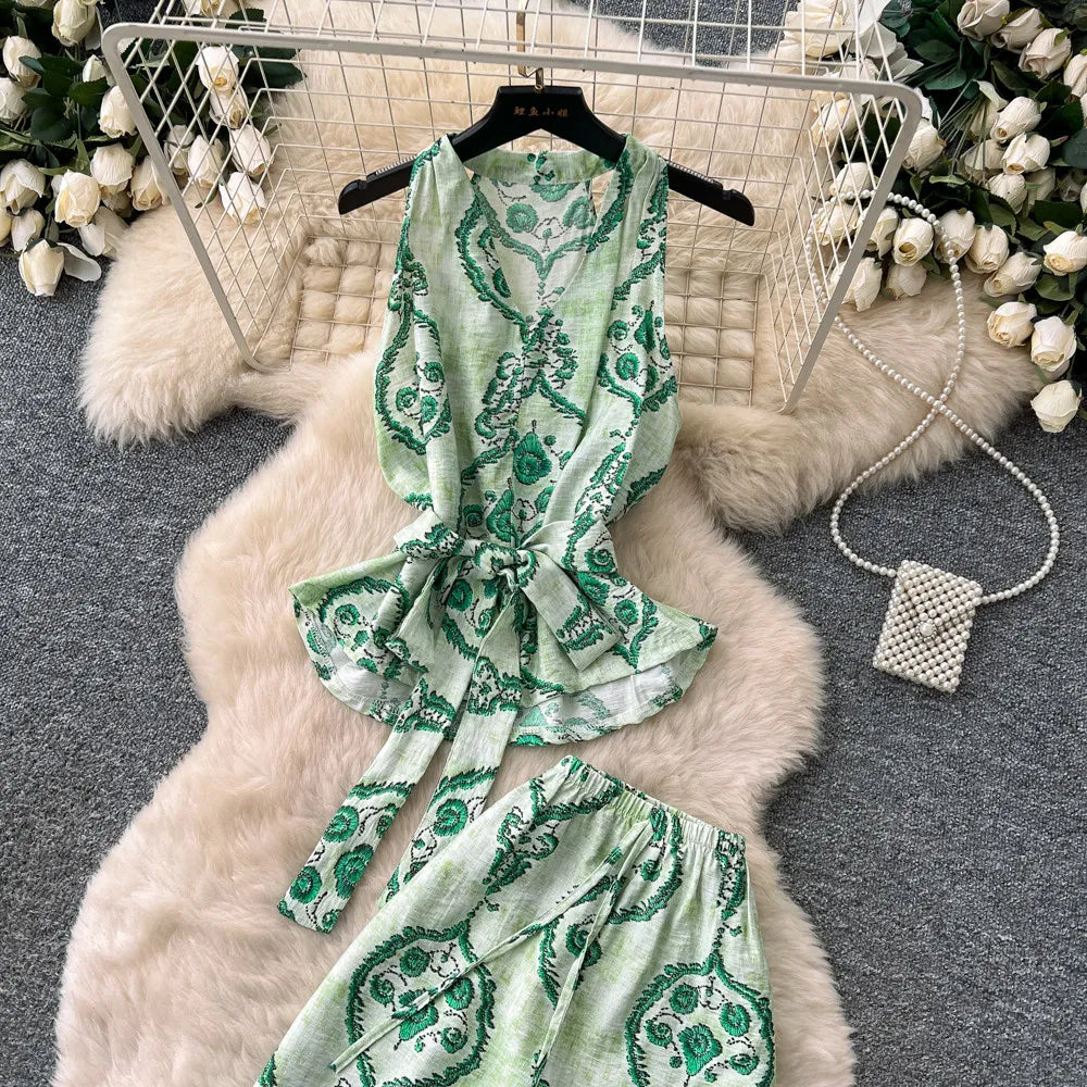SINGREINY Boho Print Vacation Suits Summer 2026 Sleeveless Lace Up Tank Top+Loose Wide Leg Pant Chic Lazy Casual Women 2pcs Sets