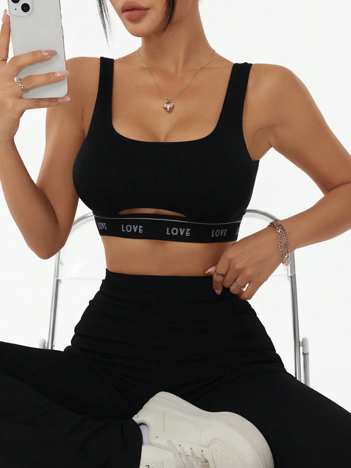 Women Letter LOVE Band Cutout Sports Bra Ribbed U Neck Padded Crop Top Wide Strap Fitness Yoga Workout Athletic Bralette