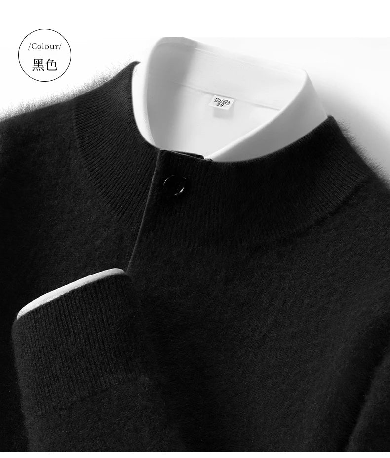 Autumn Winter New Men's Half High Collar Pullover 100% Cashmere Knitted Sweater Casual Business Solid Color Long Sleeve Clothing