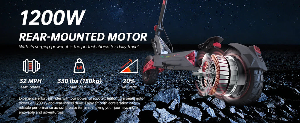 D3 Single Motor Electric Scooter 1200W Peak 32MPH Max Speed 720Wh Premium Lithium Battery 34 Miles Max Range Smart APP Unlocking Disc Brake System Front&Rear Dual Shock Absorbing Arm 10inch Tubeless Tires 4 Riding Modes Folda
