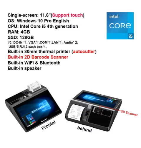 11.6inch Desktop /Wall-mounted Windows & Android Cash Register POS Systems with 80mm Autocutter Thermal Receipt & Label Printer